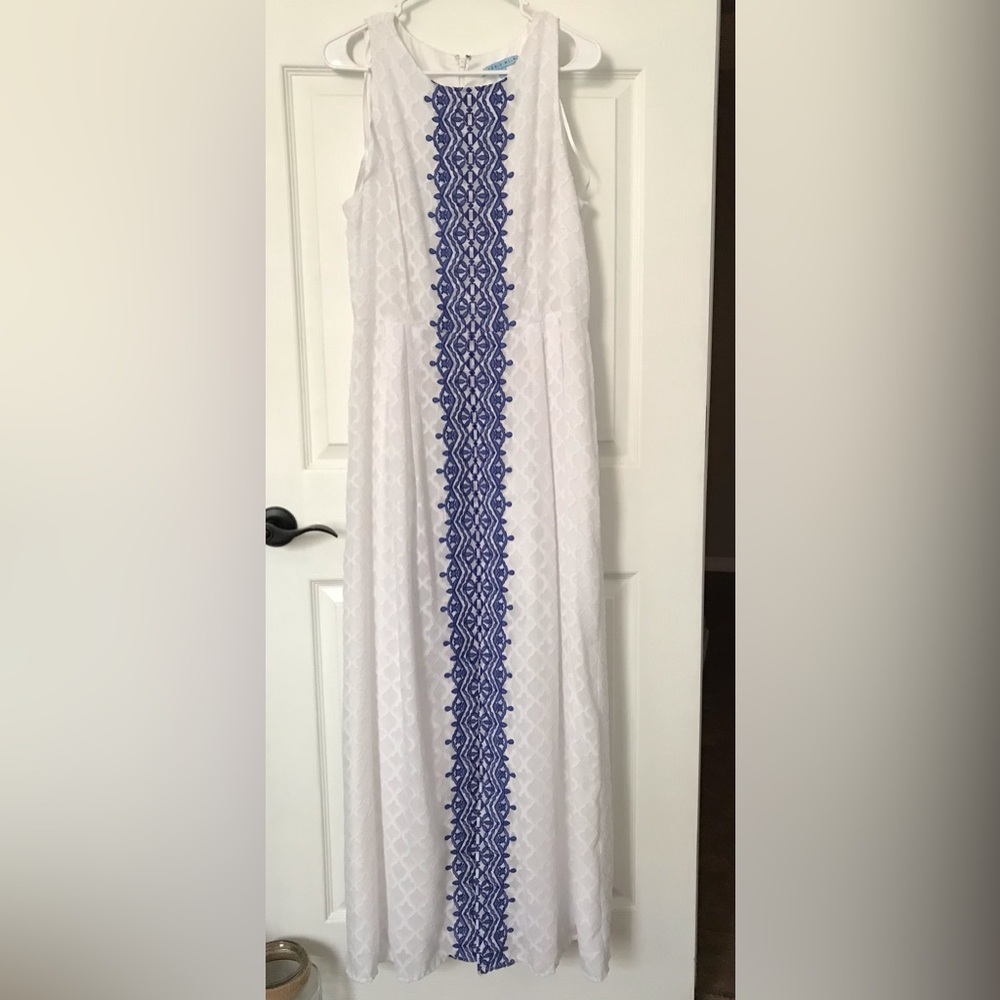 ANTONIO MELANI White Maxi Dress with Blue Embroidered Center Panel